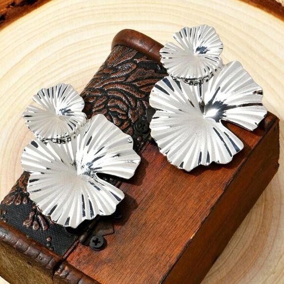 Silver Tone Textured Flower Drop Earrings - Picture 2 of 3